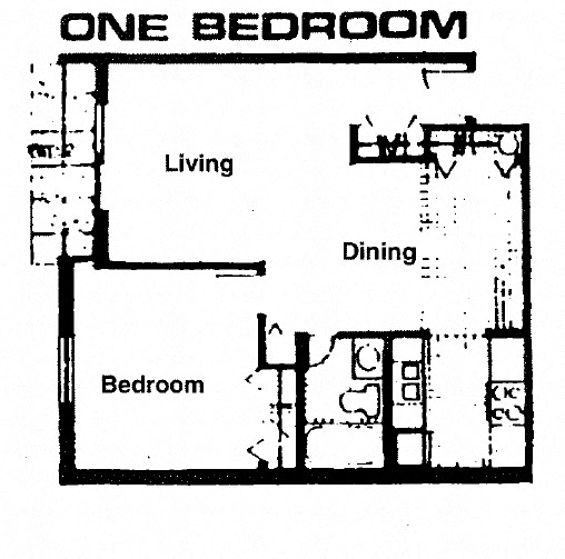 Floor plan for 1 bed, 1 bath, 608 sqft